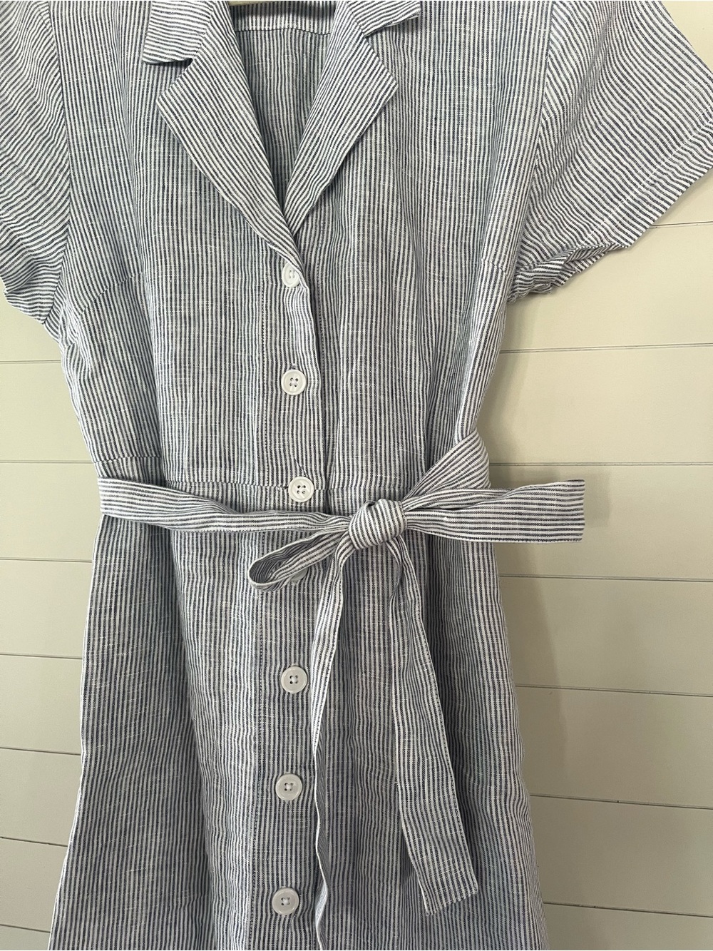 Quince 100% Linen Blue White Pinstripe Midi Dress with Tie Waist Buttons - Large - Picture 3 of 10
